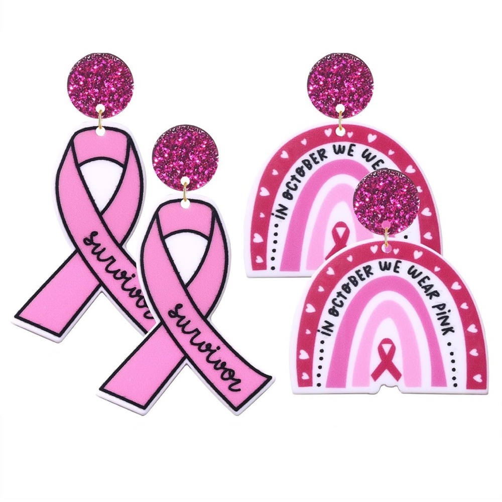 Pink Ribbon and Rainbow Breast Cancer Awareness Earrings Set of 2 NWT